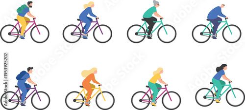 A collection of diverse people riding bicycles in a flat vector illustration style isolated white Vector, illustration