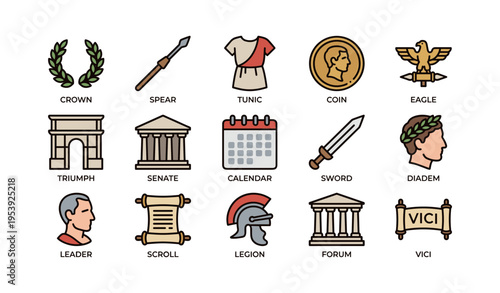 Ancient roman symbols collection: crown, spear, tunic, coin, eagle, triumph, senate, calendar