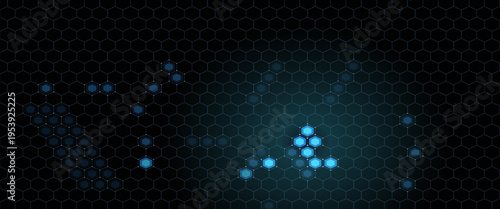Futuristic abstract blue background featuring glowing hexagonal grid pattern and connected dots. Digital technology concept with geometric honeycomb structure