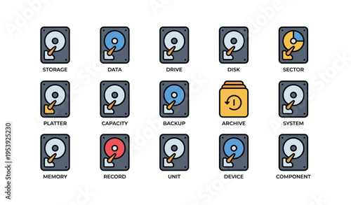 Hard drive icons set featuring storage, data, backup, and archive elements