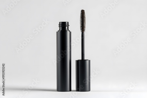 A black mascara tube with the applicator wand extended on a white background