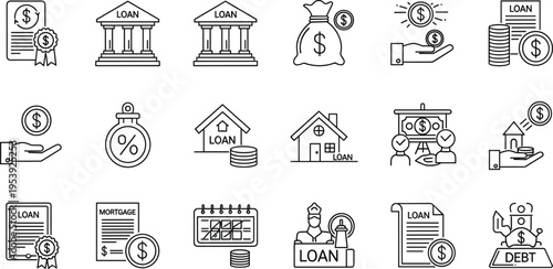 Loan and Finance Line Icon Set Featuring Banking, Mortgage, Debt, Investment, Payment, and Money Management Symbols for Business and Financial Services Design
