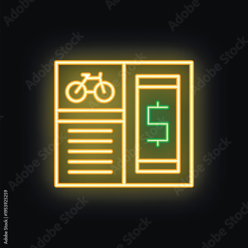 Neon sign of a bicycle shop indicating its price with a luminous dollar sign