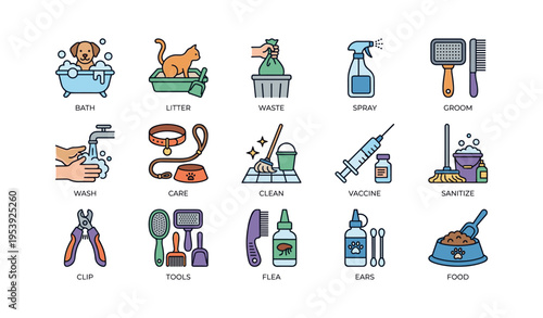 Pet care icons: bath, groom, litter, spray, tools, food, vaccine