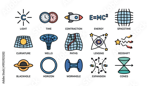 Physics concepts: light, time, space, and cosmic phenomena illustrations
