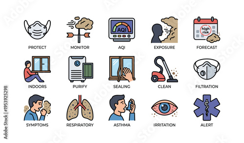 Air quality health icons: mask, pollution, aqi, symptoms, asthma