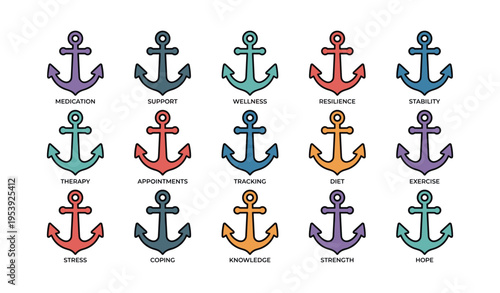 Colorful anchors representing mental health concepts and support strategies