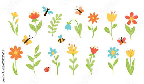 Floral set of flowers, twigs and insects