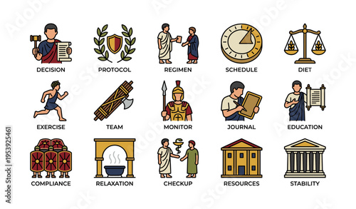 Ancient roman icon set: decision, protocol, regimen, schedule, education, diet, stability