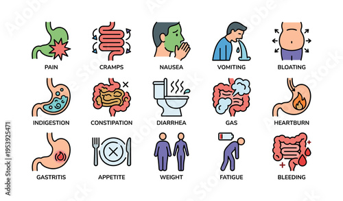 Digestive symptoms illustrated: pain, cramping, nausea, vomiting, bloating, indigestion, heartburn