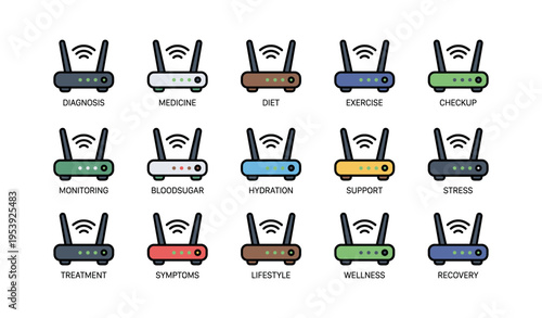 Colorful router icons representing health and wellness concepts