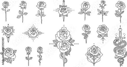 Rose Tattoo Design Set with Floral, Dagger and Snake Elements, Black Line Art Illustrations for Gothic, Traditional and Modern Tattoo, Sticker and Vector Collection