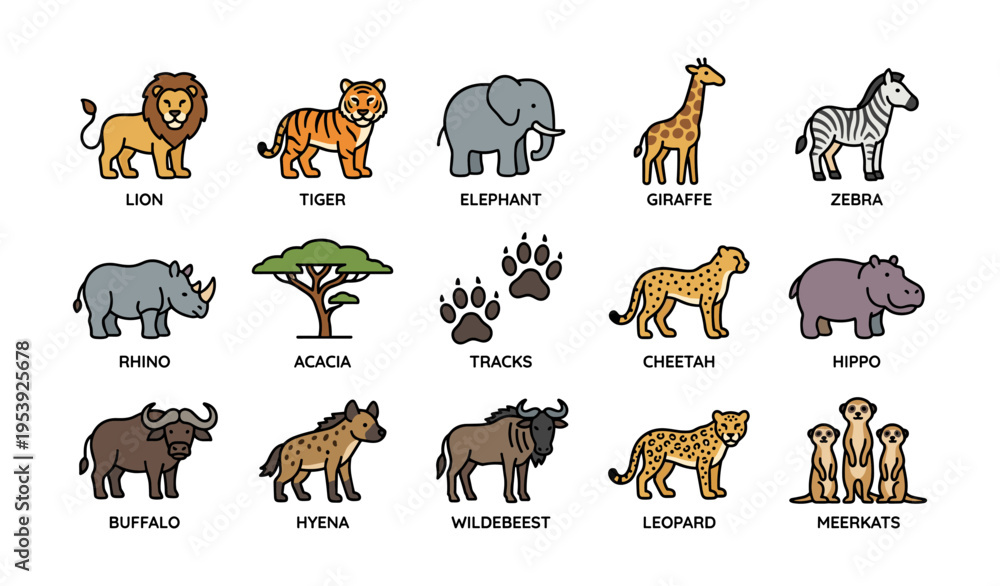 Fototapeta premium African savanna animals: lion, tiger, elephant, giraffe, zebra, rhino, hyena