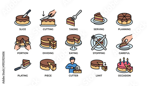 Cake slicing techniques: diagrams of cutting, serving, and plating