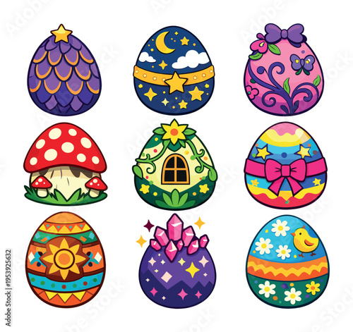 Collection of nine vibrant Easter eggs showcasing diverse decorative patterns, fantasy themes, and whimsical elements, perfect for celebrating
