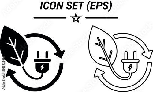 A set of eco-friendly icons featuring a leaf and plug in black and white