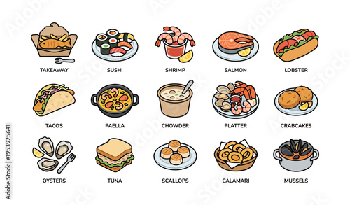 Assorted seafood and cuisine icons: sushi, shrimp, salmon, lobster