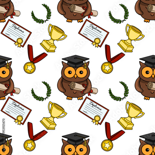Cute graduation owl seamless vector pattern with diplomas, trophies, and laurel wreaths