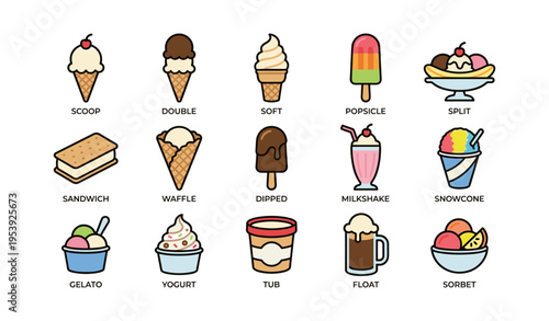 Colorful ice cream treats collection including cones, popsicles, and sundaes