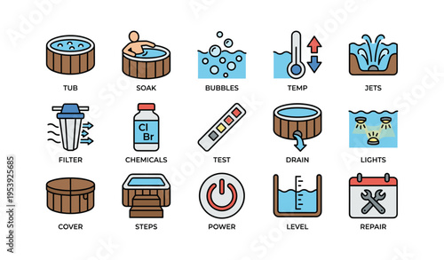 Hot tub maintenance icons: temperature, chemicals, cleaning, repairs, testing