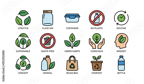 Eco-friendly icons promoting sustainable lifestyle and waste-free habits