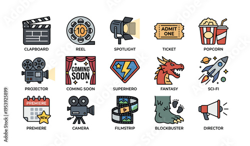 Movie icons set featuring film equipment, superhero, fantasy, sci-fi elements