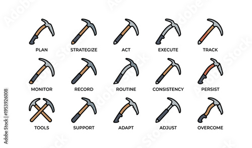 Ice climbing gear and motivational strategy words on white background