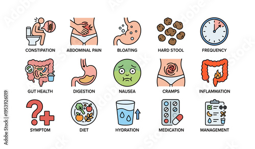 Digestive health icons: symptoms, conditions, and remedies illustrated