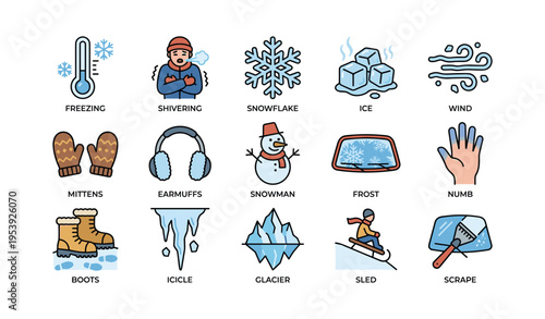 Winter symbols collection: snowflakes, snowman, mittens, boots, glacier, sledding, icicles