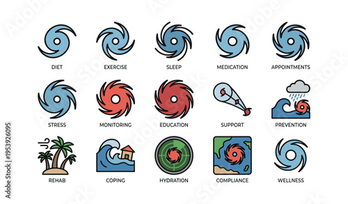 Colorful hurricane-themed health and wellness icons illustrating diet, exercise, stress, and prevention