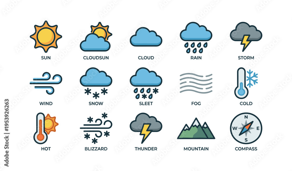 Obraz premium Weather icons set featuring sun cloud rain snow and temperature symbols