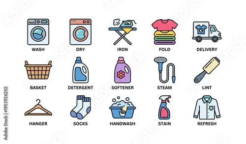 Laundry icons collection featuring wash, dry, iron, fold, delivery, basket, detergent, softener, and more