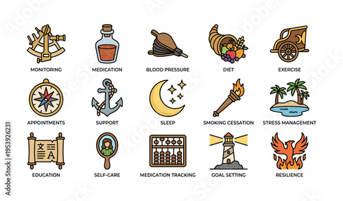 Holistic health icons highlighting diet, exercise, stress management, and self-care