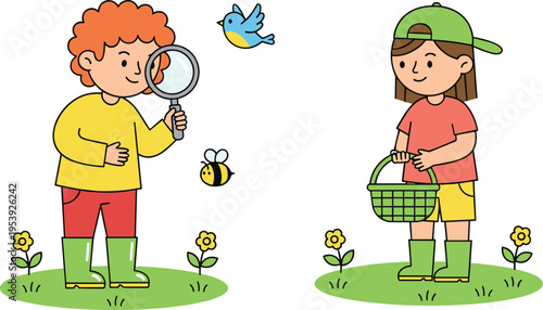A young boy with a magnifying glass and a girl with a green basket exploring nature together Vector, illustration