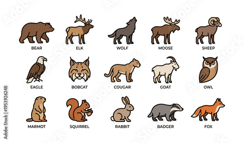 Illustrated wildlife icons featuring diverse north american animals