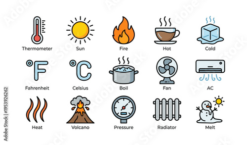 Weather and temperature icons: thermometer, sun, fire, hot, cold, fan