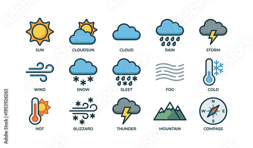 Weather icons set featuring sun cloud rain snow and temperature symbols