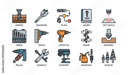 Business strategy icons collection featuring tools and actions