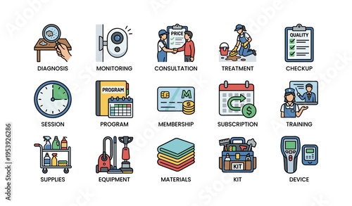 Healthcare and maintenance icons representing diagnosis, consultation, training, supplies, and equipment