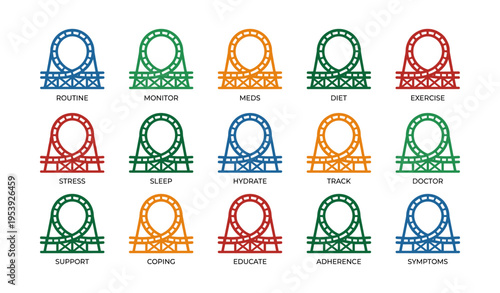 Colorful roller coaster icons representing health and wellness themes