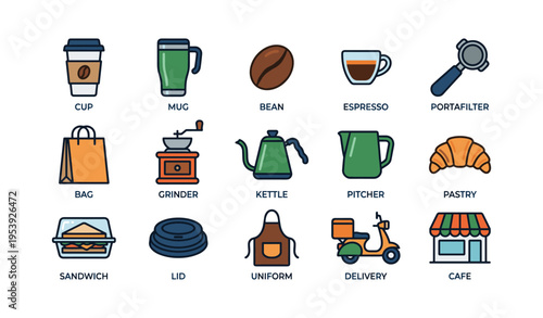 Coffee icons set: cup, grinder, kettle, delivery scooter, pastry, sandwich, cafe