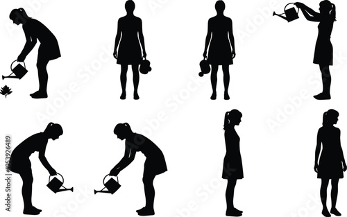 A collection of black silhouettes showing a woman engaged in various gardening and watering tasks Vector, illustration