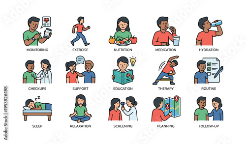 Healthy lifestyle icons: diverse adults practice wellness activities