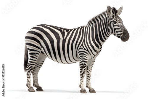 A zebra stands on a white background showing its distinct black and white stripes