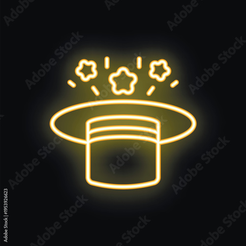 Magic hat with stars appearing drawn with yellow neon light on a black background