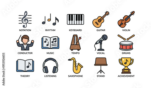 Music instruments and symbols icons featuring conductor and trophy