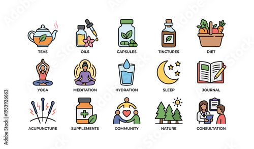 Holistic health practices icons for wellness and self-care routine