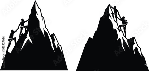 Black and white vector illustration of climbers scaling steep mountain peaks for success achievement Vector, illustration