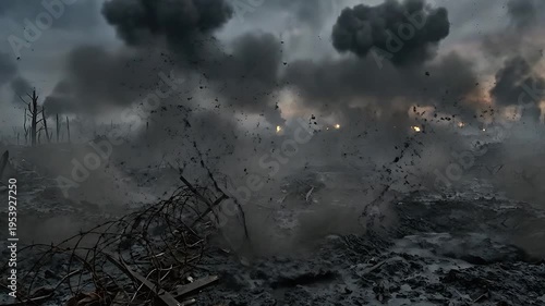 Wwi battlefield explosions desolate war zone mud smoke