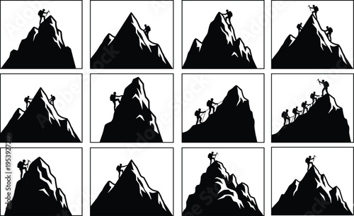 A collection of twelve black and white silhouette icons depicting people climbing mountain peaks Vector, illustration